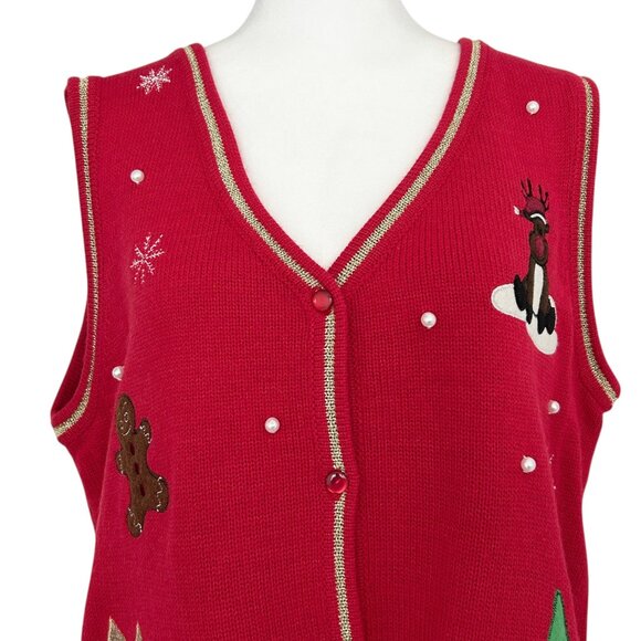 White Stag Red Christmas Applique Embroidered Beaded Sweater Vest (L) - Picture 7 of 16